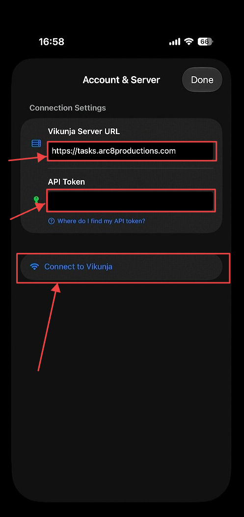 Enter Server URL and API Token
