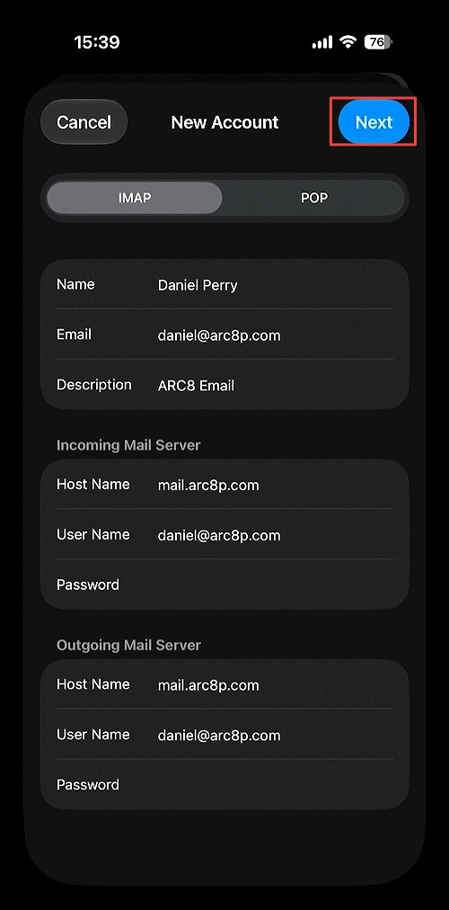 Fill in IMAP settings